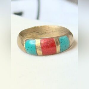 Vintage Southwestern Inlay Ring Turquoise Coral Brass Band Size 10